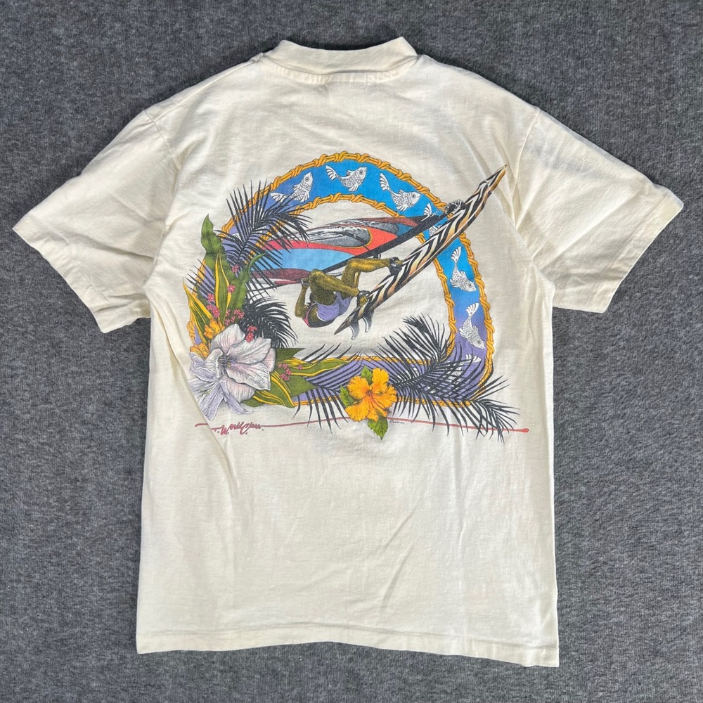 Vintage 80s Hanes Beefy-T Windsurfing Graphic Pocket T-Shirt Cream Made in USA M
